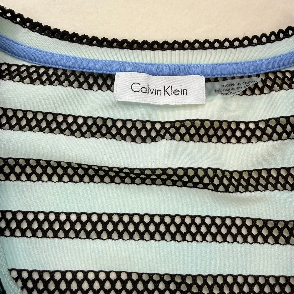Calvin Klein Striped Mesh‎ Swim Cover-Up Dress Blue Black V-Neck Pockets Large